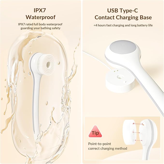 Electric Body Brush Back Scrubber for Shower, Waterproof Long Dual Handle Power Body Scrubber with 3 Heads, Rechargeable Bath Brush & 2 Speeds, for Cleansing, Exfoliating and Massaging Skin