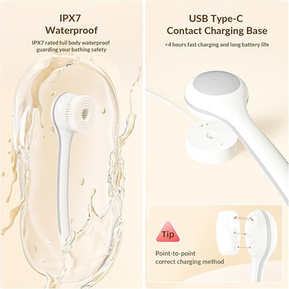 Electric Body Brush Back Scrubber for Shower, Waterproof Long Dual Handle Power Body Scrubber with 3 Heads, Rechargeable Bath Brush & 2 Speeds, for Cleansing, Exfoliating and Massaging Skin