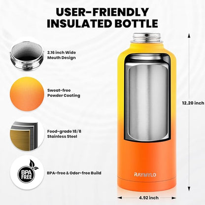 Insulated Water Bottle 87 oz, Triple Wall Vacuum Stainless Steel (Cold for 48 Hrs), Leak Proof & Non-BPA, Modern Water Flask Jug with Paracord Handle & Straw Spout Lids, Ombre Orange