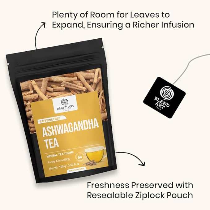 BlendArt Teas - Ashwagandha Root TeaBags - 50 Count - Pyramid Tea Bag |Ancient Adaptogen Superfood for Men and Women | Helps in Relive Stress | Promote Cleansing & Wellness | Caffeine Free | Ziplock Pouch