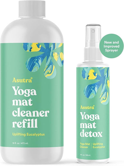ASUTRA Yoga Mat Cleaner Spray (Uplifting Eucalyptus), 4 fl oz - No Slippery Residue, Organic Essential Oils, Deep-Cleansing for Fitness Gear & Gym Equipment, Microfiber Towel Included