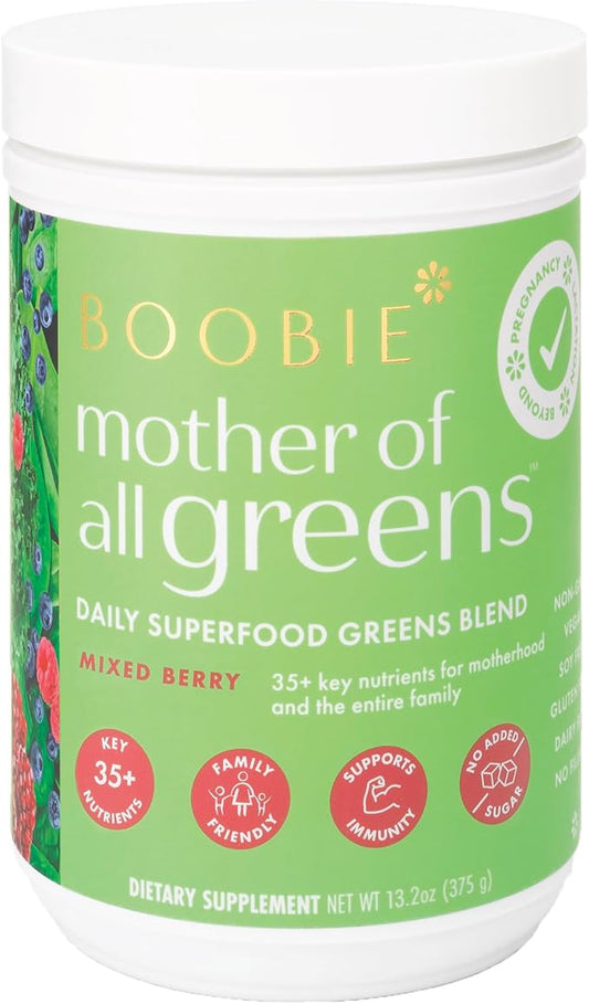 Boobie Mother of All Greens | Your New Family Ritual, Daily Super Greens Powder with 35+ Essential Nutrients for Moms & Families | Vegan, Gluten Free, & Sugar Free | Mixed Berry Flavor, 60 svgs