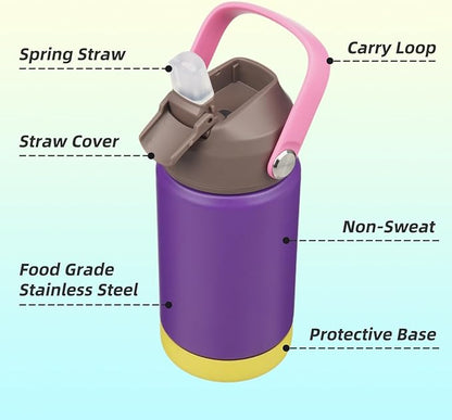 Insulated Water Bottle with Straw Lid,12 oz Stainless Steel Vacuum Metal Bottle with Silicone Handle,Violets