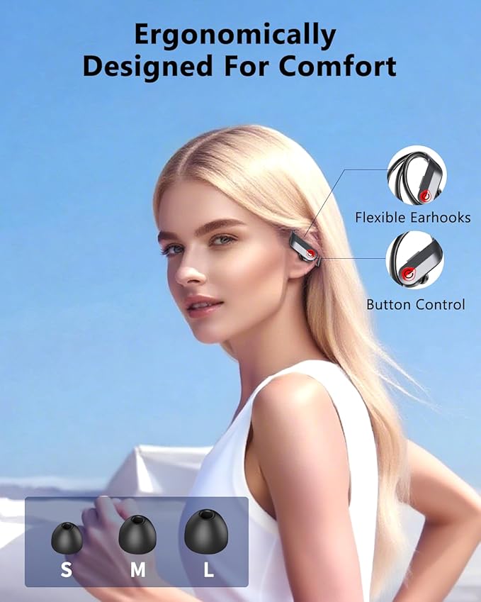 EUQQ Ear Buds Wireless Bluetooth Earbuds, Noise Cancelling Headphones 120H Playtime，IPX7 Waterproof Sports with Earhooks,LED Display Wireless Earphones for Running Gym Workout-Black