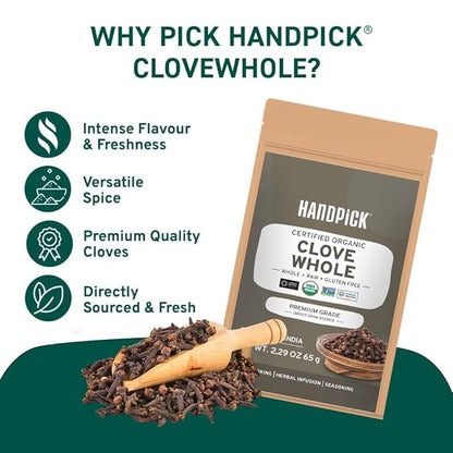 HANDPICK Organic Cloves Whole (2.3oz, 65g) Premium Cloves from South India | Packed in a Resealable Zip Lock Pouch | Perfect for Cooking, Smoothies, Pomander Balls & Tea