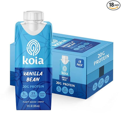 Koia Plant Based Protein Shake, Vanilla Bean, 20g Protein, 3g Sugar, 6g Prebiotic Fiber, 21 Vitamins & Minerals, Meal Replacement Drinks, Dairy-Free, Gluten-Free, Non-GMO, 11 Fl Oz (Pack of 18)