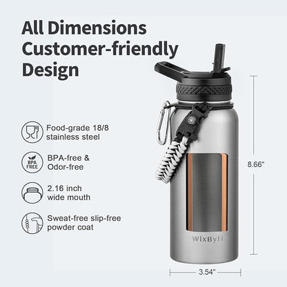 32 oz Insulated Water Bottle with Straw (Cold for 48 Hrs), Stainless Steel Triple Wall Vacuum Sports Water Jug, Leakproof Hydro Cup Flask with Paracord Handle & Straw Spout Lids & DIY Stickers
