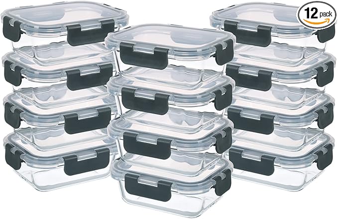 24-Piece Small Glass Food Storage Containers with Lids Airtight, 1.5 Cup Meal Prep Containers Set, Microwave&Dishwasher Safe, Leak-Proof, BPA-Free, Grey