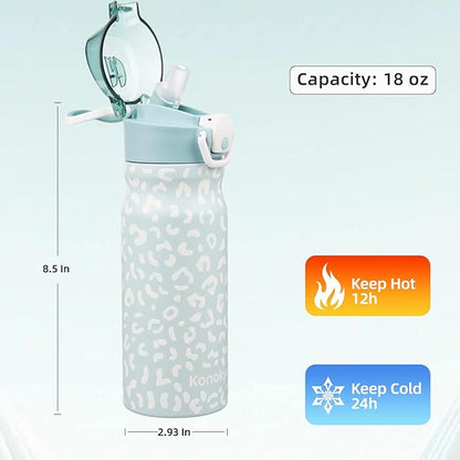 Insulated Water Bottle with Straw and Carry Loop,18 oz Stainless Steel Double Wall Vaccum Metal Water Flask with Leak-proof Lid,Light Blue Leopard