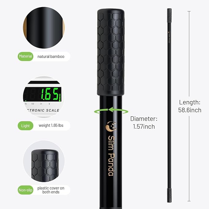 Slim Panda Yoga Stick, 5ft Natural Bamboo Stick with Rubber Ends, Exercise Stretching Stick for Yoga, Stretching, Balance and Correcting Posture, Rehabilitation Physical Therapy Aids