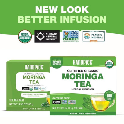 HANDPICK, Organic Moringa Tea Bags (100 Count), Pure Moringa Leaves | Authentic Indian Origin | Caffeine Free, Non GMO | Earthy, Light & Refreshing | Round Eco-conscious Teabags