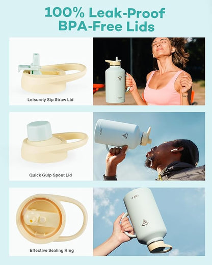 Half Gallon Water Bottle with Handle and Carry Pouch,64 oz Stainless Steel Insulated Jug Flask with Straw Lid Spout Lid,Reusable Metal Water Bottle Mug Tumbler Cup,Keep Cold & Hot,Green