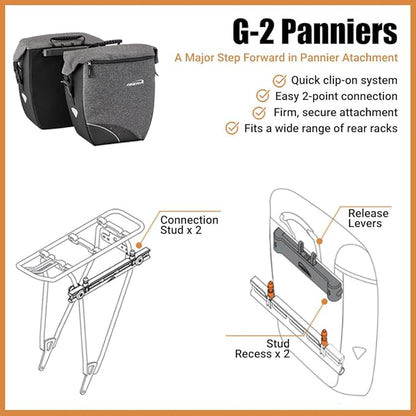 Ibera G-2 PakRak Pro Panniers Bike Bags (Pair) with Quick Release/Clip-On System - Bike Saddle Bags For Rear Rack Each with 19.8 lbs Capacity - Reflective Saddle Bag Bicycle, Fits Most Racks (Grey)