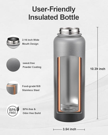 40oz Insulated Water Bottle,Stainless Steel Vacuum Water Bottle, BPA-Free & Leakproof -with Paracord Handle,Strap,Straw Spout Lids,Large Water Jug for Gym Sports