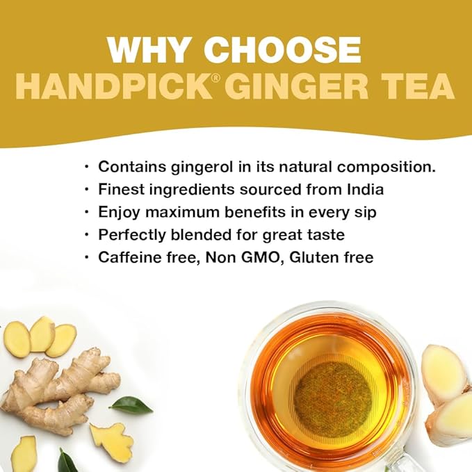 HANDPICK, Ginger Tea Bags, Caffeine Free & 100% Pure Ginger Root | Soothing & Spicy Blend | Round Eco Conscious Teabags