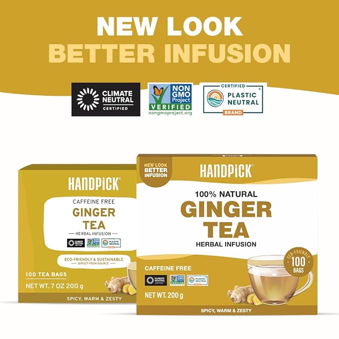 HANDPICK, Ginger Tea Bags, Caffeine Free & 100% Pure Ginger Root | Soothing & Spicy Blend | Round Eco Conscious Teabags