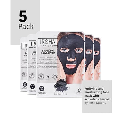 IROHA NATURE Face Masks - Packs for Better Skin (Pack of 5, Rebalancing & Hydrating Tissue Face Mask with Charcoal & Hyaluronic Acid)