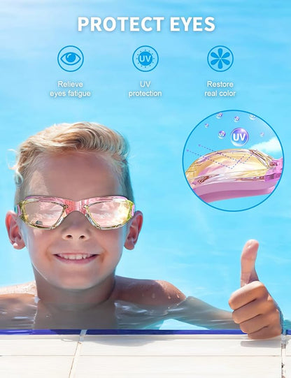 Kids Swim Goggles, Swimming Goggles for Kids with Nose Clip, Earplugs, Nose Bridge for Age 3-15