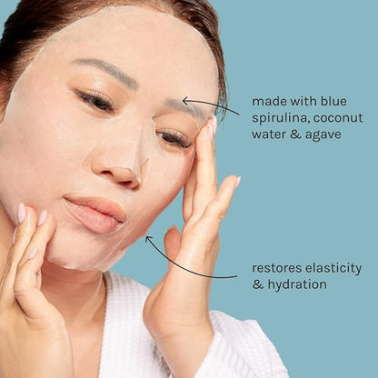 ESW Beauty The Blue Dream - Moisture Repair Raw Juice Face Mask (6-Pack) - Hydrating with Blue Spirulina, Coconut Water & Agave for Dry, Sensitive Skin - Replenishes & Fights Aging