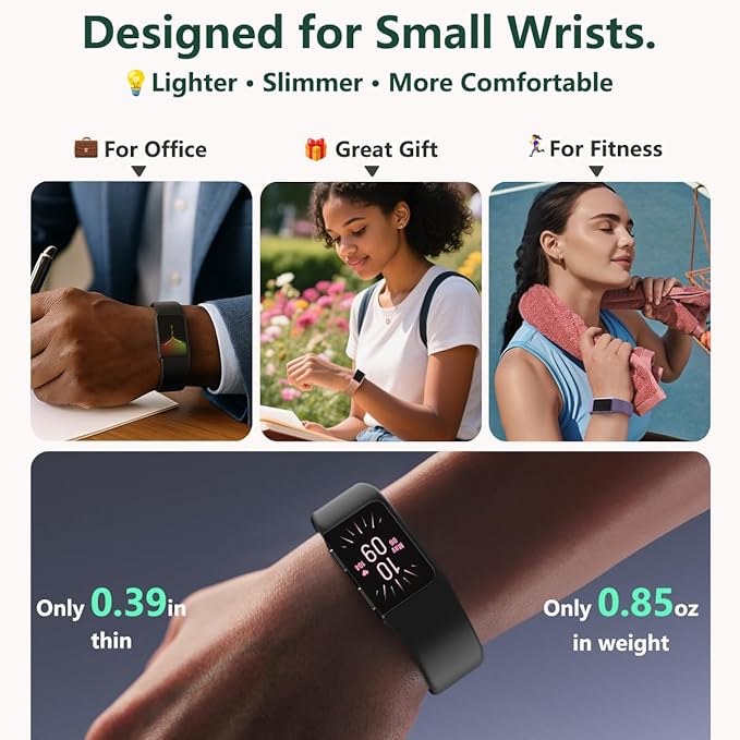 FITVII Looki-mini Fitness Trackers, Slim AMOLED Fitness Watch 2025 with 24/7 Heart Rate, Blood Pressure, Blood Oxygen, Stress Monitor, Step Calorie Counter, IP68 Waterproof Smart Watch for Women Men