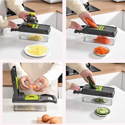 16-in-1 Ultimate Vegetable Chopper & Mandoline Slicer – Multi-Blade Food Dicer, Spiralizer, Grater & Cutter with Container – Kitchen Gadget for Fruits, Veggies, Cheese – Black & Green
