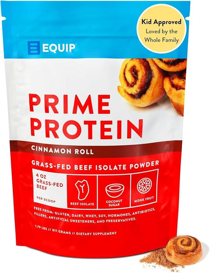Equip Foods Prime Protein Powder | Clean, Grass Fed Beef Protein Powder for Women & Men | Carnivore Protein Isolate | Paleo, Keto Friendly | Gluten, Dairy Free | 30 Servings, Cinnamon Roll