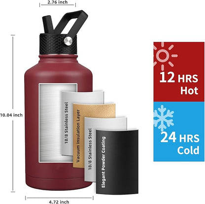 Insulated Water Bottle 64oz,Triple Wall Vacuum Stainless Steel(Dishwasher Safe),Leak Proof & Non-BPA,Flask Jug with Paracord Handle & Straw Spout Lids Sports