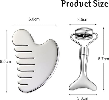 Gua Sha Facial Tool and Face Roller Set, Stainless Steel Lymphatic Drainage Massager for Face, Head, Eyes, Chin and Jaw, Lifting, Massage Scraping with Travel Pouch