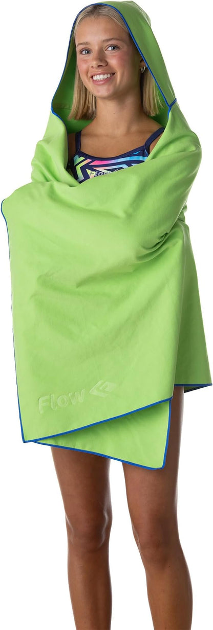 Flow Hydro Sport Towel - Microfiber Quick Dry Swimming Towels for Swim, Pool, Triathlon, and Other Water Sports in Medium, Large, Extra Large, and Hooded Sizes (Lime, Large w/Hood)