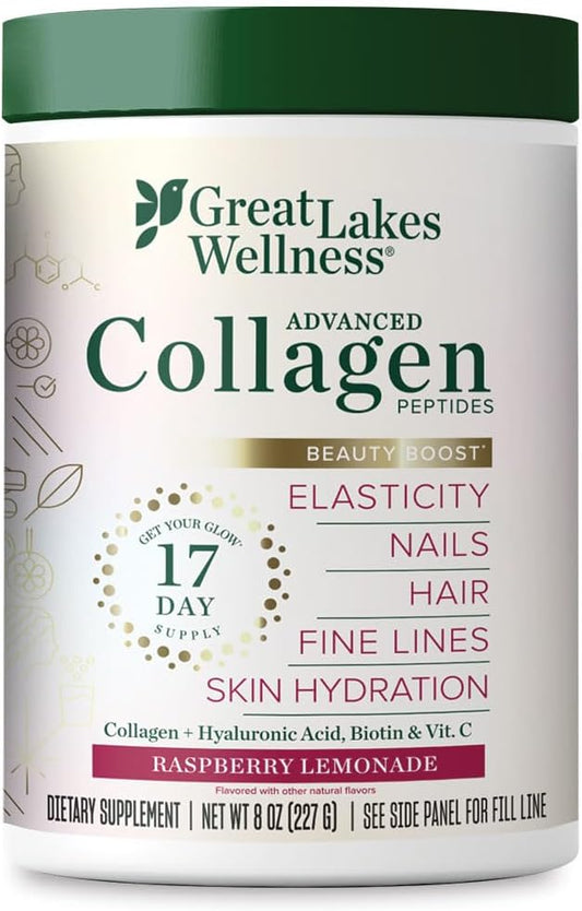 Great Lakes Wellness Beauty Boost Advanced Collagen Peptides Powder with Hyaluronic Acid, Biotin, Vitamin C - Skin Elasticity and Hydration - Raspberry Lemonade Flavor - Non-GMO, Keto, Kosher - 8 oz