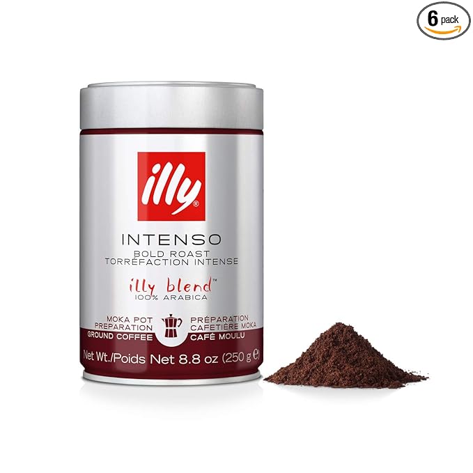 illy Ground Coffee Moka - 100% Arabica Flavored Coffee Ground - Rich Aromatic Coffee Grounds Profile – Intenso Dark Roast – Warm Notes of Cocoa & Dried Fruit - No Preservatives – 8.8 Ounce, 6 Pack