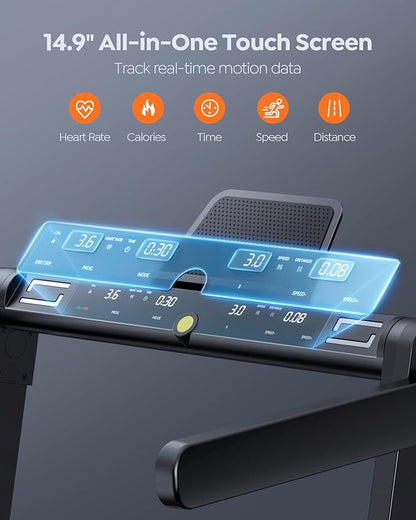 2 in 1 Folding Treadmills for Home Small Office, 2.5HP Walking Pad Treadmill with Handle Bar, 300lbs Capacity, Copmact Protable Treadmill with Smart APPs, 12 HIIT Modes and Touch Screen