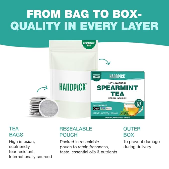 HANDPICK, Spearmint Tea Bags (100 Herbal Tea Bags) |Refreshing Mint Tea | Non-GMO | Round Eco-Conscious Teabags