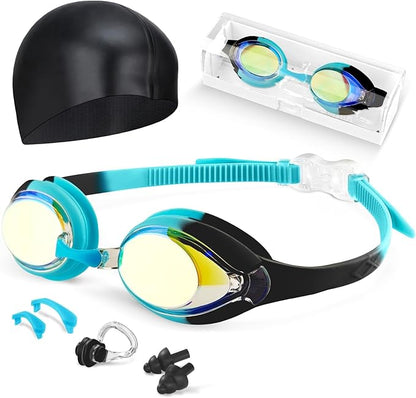 Kids Swim Goggles, Anti-fog and UV Protection with Swim Cap for Age 3-15 Youth Boys Girls Toddler