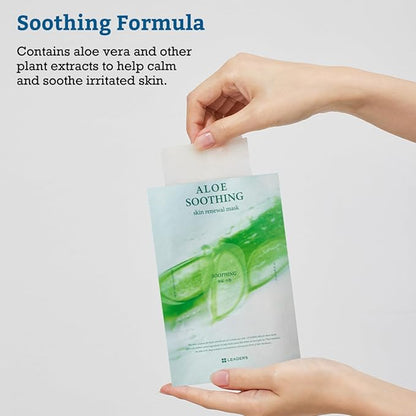 LEADERS Aloe Soothing Skin Renewal Mask – Calms Irritated Skin, Reduces Redness & Provides Deep Hydration – Gentle Formula for Sensitive Skin – Hydrating Face Mask with Aloe Vera – 10 Sheets