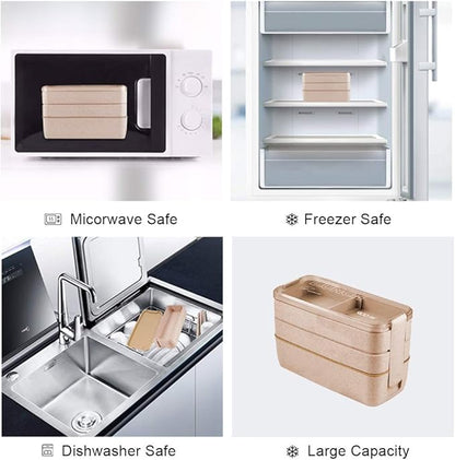 Iteryn Bento Adults Lunch Box, Stackable Bento Box, 3-In-1 Compartment - Wheat Straw, Leakproof Bento Lunch Box Meal Prep Containers