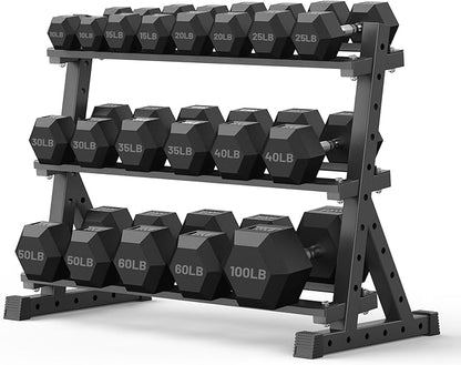 PAPABABE Hex Dumbbell Set with Rack, Rubber Encased Free Weight with Weight Storage Racks, Multiple Weight Options for Home Gym and Fitness