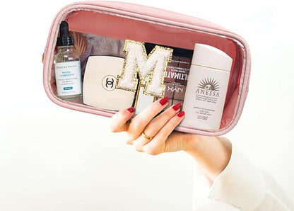 Large Personalized Initial Letter Clear Makeup Bag, Nylon Preppy Patch Makeup Bag Chenille Letter A-Z TSA Approved Travel Toiletry Bag Cute Zipper Makeup Organizer for Women Men (Pink, M)