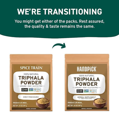 HANDPICK Triphala Powder (397g/14oz) Non GMO, Gluten Free, 100% Raw, Sourced from India, Herbal Formula of Amla, Haritaki, Bibhitaki, Packed in Resealable Zip Lock Pouch