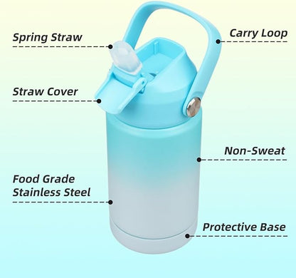 Insulated Water Bottle with Straw Lid,12 oz Stainless Steel Vacuum Metal Bottle with Silicone Handle,Sea Salt