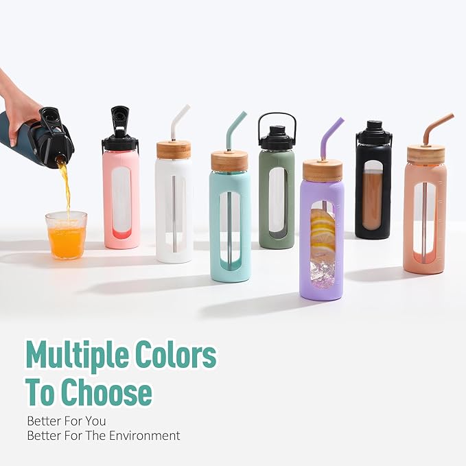 Kodrine Water Bottle with Straw, 24 oz Glass water Bottle with 2 Lids Bamboo Straw Lid and Spout Lid with Handle, 32 oz Clear Water Bottle Glass for Sports Travel, Waterbottle with Time Marker