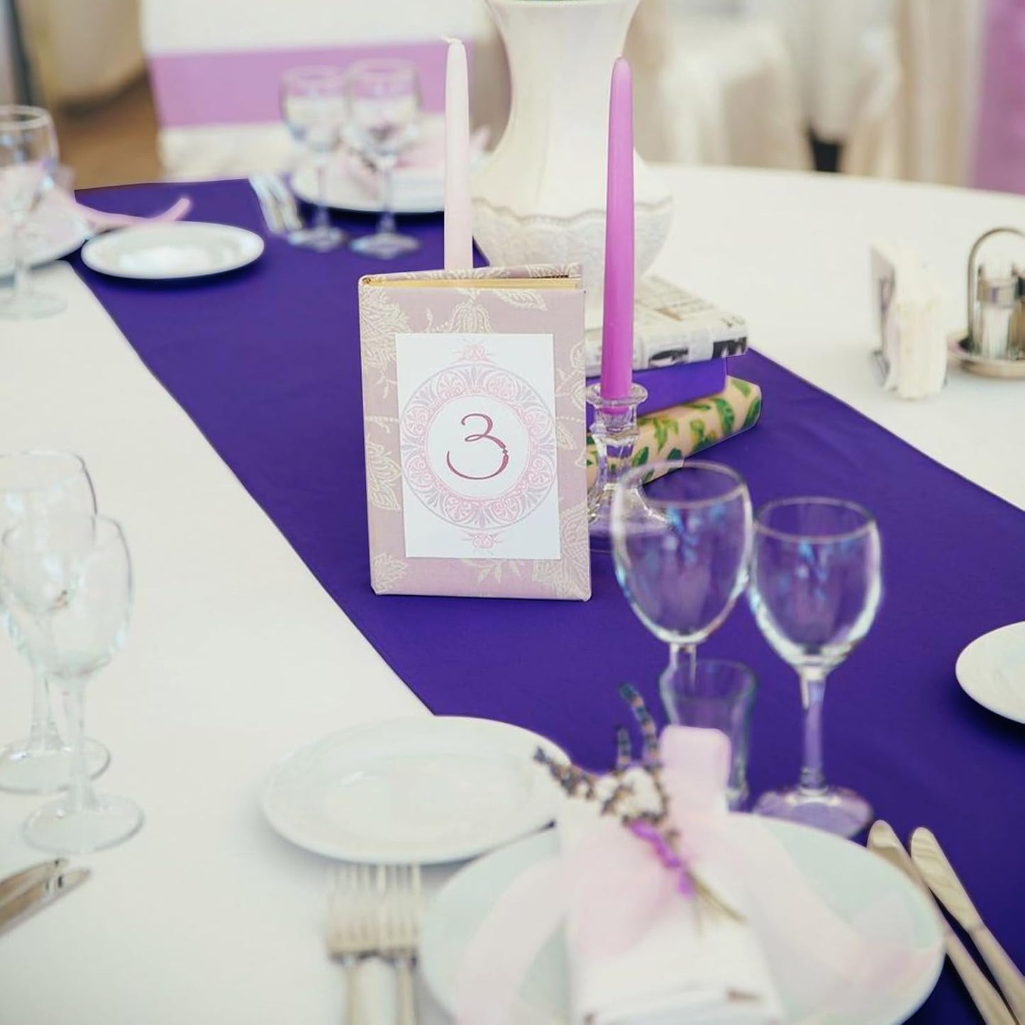 10 Pack Satin Table Runner 12 x 108 Inch Long Purple Silk Table Runner for Wedding Party Banquet Birthday Decoration