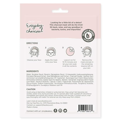 FACETORY K Beauty Face Mask Skin Care - Everyday CHARCOAL Detoxifying Sheet Mask | Plant-Based Charcoal Face Mask (10 Pack)