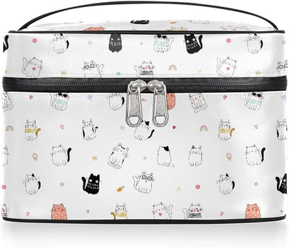 Large Makeup Bag Travel Cosmetic Bags for Women Cute Colorful Cartoon Animal Cat Makeup Organizer Case Toiletry Bag for Girls Traveling Wide Open Portable Pouch with Handle