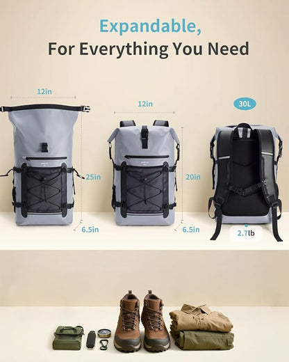ECOHUB Waterproof Backpack for Women Men, 30L Roll-Top Closure Heavy Duty Dry Bag for Travel with IPX8 Waterproof Phone Case
