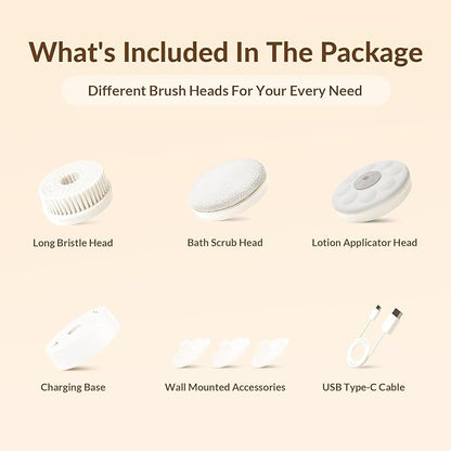 Electric Body Brush Back Scrubber for Shower, Waterproof Long Dual Handle Power Body Scrubber with 3 Heads, Rechargeable Bath Brush & 2 Speeds, for Cleansing, Exfoliating and Massaging Skin