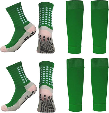 2 Set Anti-Slip Grip Soccer Socks with Shin Guard Sleeves, Sports Athletic Socks for Men Women