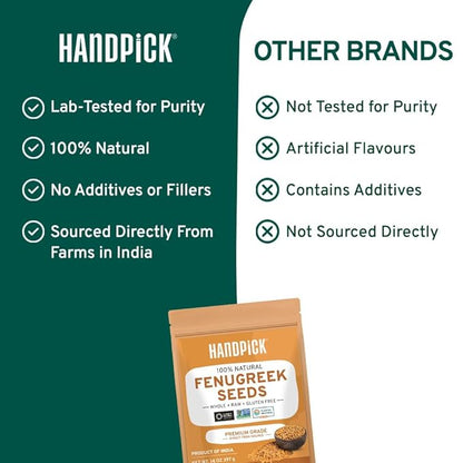 HANDPICK Fenugreek Seeds (14oz) ALL NATURAL Fenugreek - Indian Origin Whole Methi Seeds (Trigonella Foenum Graecum) Fenogreco En Semillas | Resealable Ziplock Pouch