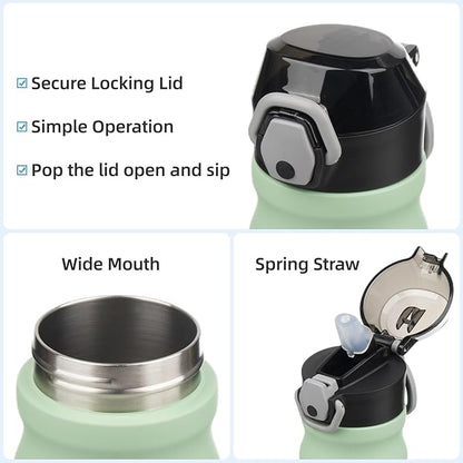 Insulated Water Bottle with Straw and Carry Loop,18 oz Stainless Steel Double Wall Vaccum Metal Water Flask with Leak-proof Lid, Avocado Green