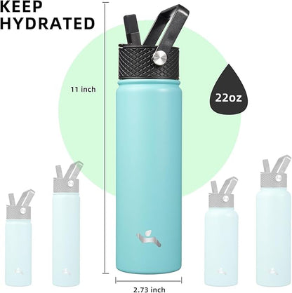 22oz Stainless Steel Bottles with 3 Lids Sport Insulated Water Bottle,Turquoise